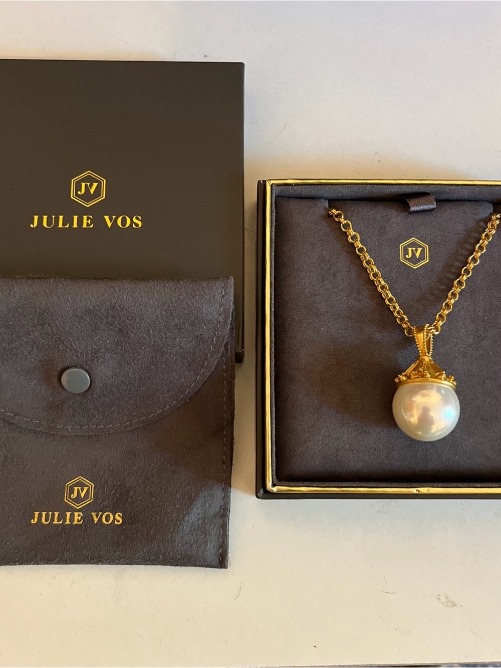 Julie Vos Gold Pearl Pendant Necklace 34”chain